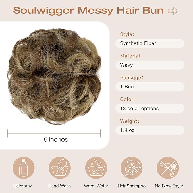Messy Bun Hair Piece Wavy Curly Scrunchies Fluffy Donut Thick Updo Elegant Chignon Hairpieces for Women Girls, Light Brown Mix Ash Blonde 1.4oz