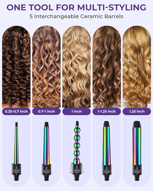 5 in 1 Curling Wand Set: Ohuhu Curling Iron Wand 5Pcs 0.35 to 1.25 Inch Interchangeable Ceramic Barrel Heat Protective Glove 2 Clips Dual Voltage Hair Curler Girls Women Mother Christmas Gift Rainbow