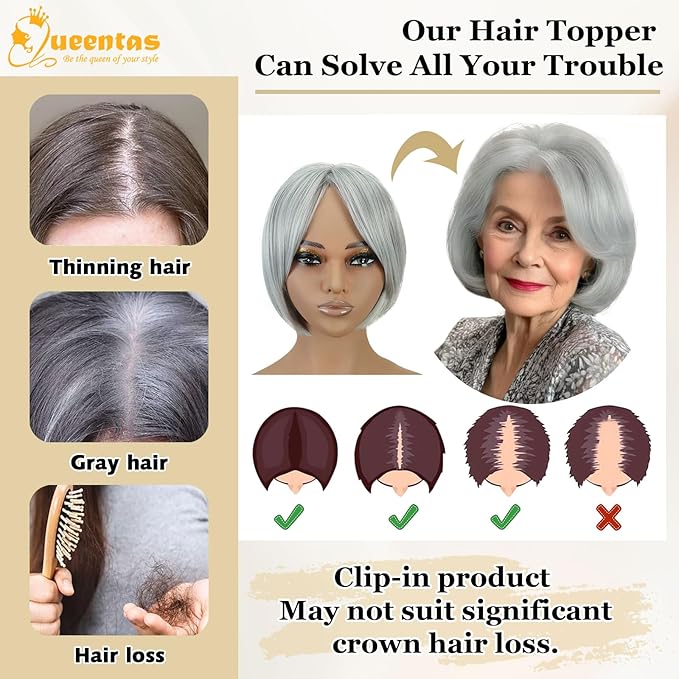 QUEENTAS Grey Hair Topper for Women with Thinning Hair Pieces 6"*6"Large Coverage 360°3D Cover Silver Synthetic Short Bob with 5 Clips in Wiglets(Gray)