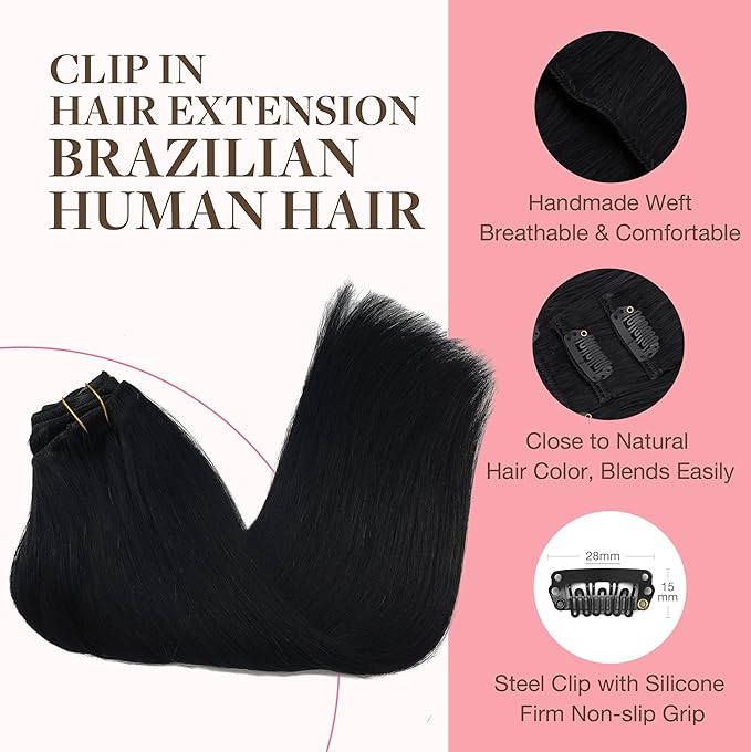 GOO GOO Clip in Hair Extensions Real Human Hair, Remy Human Hair Extensions Clip ins for Women, Natural Human Hair, 22inch 120g 7Pcs, 1 Jet black