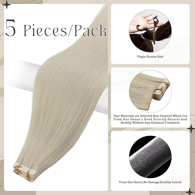 Full Shine Injection Tape ins Human Hair Extensions Virgin Tape Hair Extensions Human Hair Color 1000 Blonde Human Hair Extension 14Inch Machine Remy Seamless Extensions 10G 5Pcs for Wedding