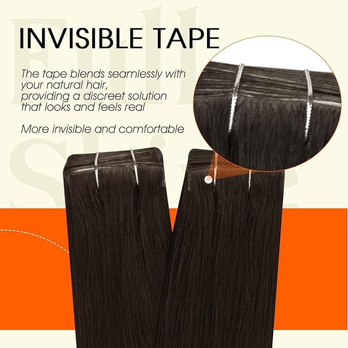 Full Shine Remy Injection Tape Hair Extensions Real Human Hair Double Sided Adhesive Human Hair Tape in Extensions Color 2 Darker Brown Invisible Extension 20Inch 50Gram Seamless Skin Weft 20Pcs