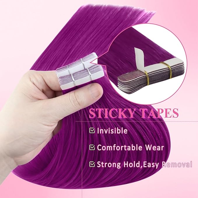 YoungSee Invisible Tape in Hair Extensions Purple Hair Extensions Tape in Colored 25g 10pcs Tape Extension Real Human Hair Purple 20Inch for Girls Party Remy-Hair