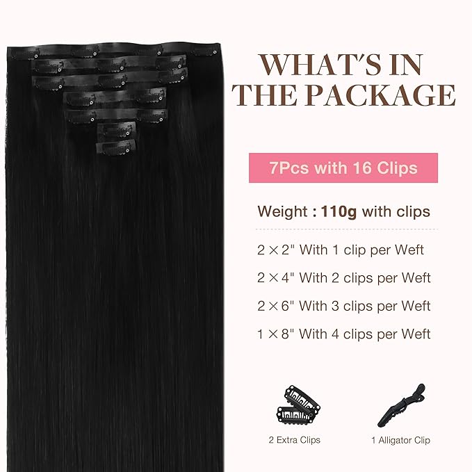 GOO GOO Clip in Hair Extensions Real Human Hair, Remy Human Hair Extensions Clip ins for Women, Natural Human Hair, 22inch 110g 7Pcs, 1 Jet black