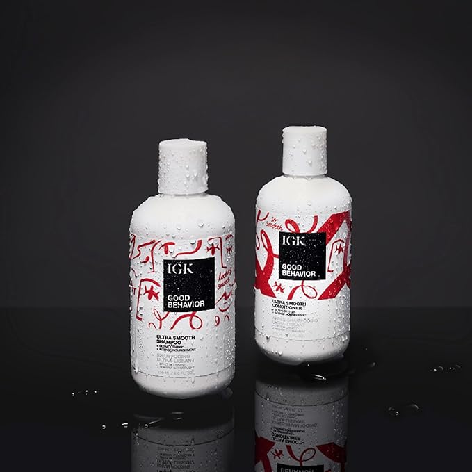 IGK GOOD BEHAVIOR Ultra Smooth Shampoo and Conditioner Set (8 Oz) + Bonus Travel Size Packettes | Volume + Thickening | Vegan + Cruelty-Free |