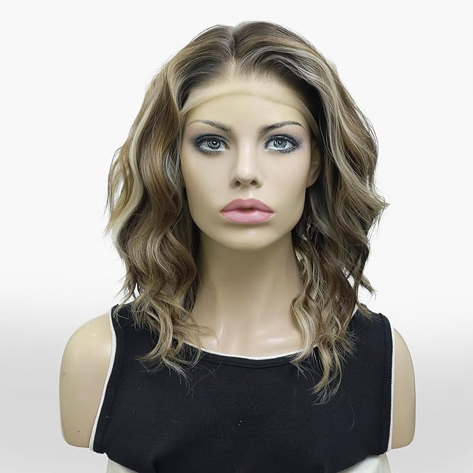 IMSTYLE Vibe Brown Blonde Lace Front Wigs Short Bob Wavy Wigs Synthetic Hair Wig Free Part with Natural Hairline Shoulder Length for Women (Vibe Brown Blonde)