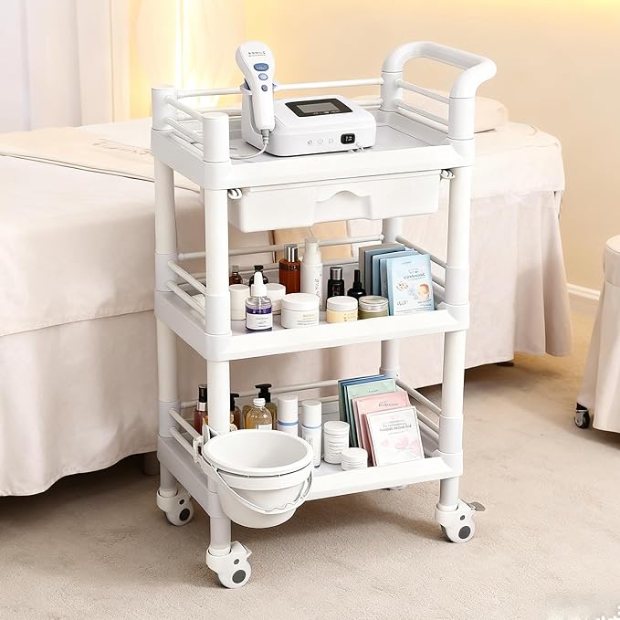 Mobile Medical Trolley 3 Tier Rolling Utility Cart with Dirt Bucket & Drawer, Beauty Salon Cart for Spa Tattoo Waxing, Esthetician Carts for Salon Hospital Dental Clinic Home, Postpartum Cart