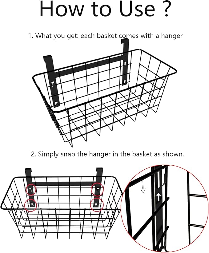 MaraFansie Basket with Hook, Grid Storage Basket, Over the Cabinet Door Organizer, Wire Hanging Basket with Hook Over the Railing, Under Sink Kitchen Cabinet, Pantry, Bathroom, Black, 2 Pack