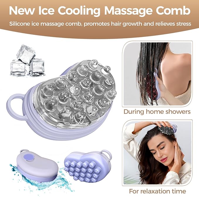 Ice Compress Scalp Massager Hair Growth Massage Comb - Upgraded Raised Dot Ice Tray Design for Tension Headache Relief and Scalp Care (Purple)
