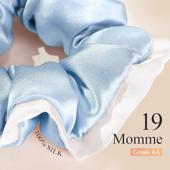 DAISYSILK Pure Mulberry Silk Hair Scrunchie for Women Gentle No-Crease Silk Hair Tie Smooth Elastic Ponytail Holder (Ice Blue)