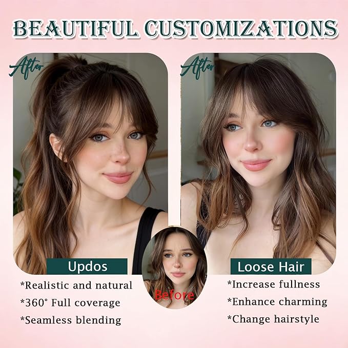 Benehair Clip on Bangs Human Hair, Front Hair Extensions for Women Hair Pieces with Temples for Daily Wear (Medium Brown)