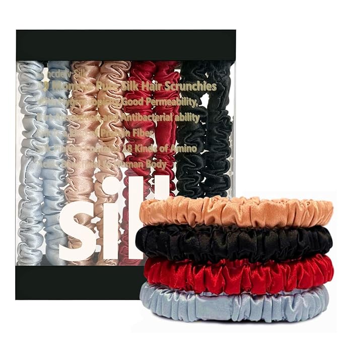 Suncdelv Silk,100% Silk Scrunchies for Hair,22 Momme Hair Ties for Anti-Crease & Breakage,Natural Women Hair Accessories，Fashion Hairbands 4PCS（Pink, black, red, blue）