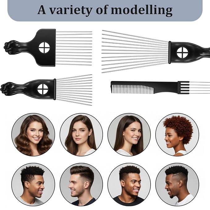 Sibba 4 Pack Metal Comb Afro Hair Pick Comb Set, Stainless Steel Wide Tooth Hair Picks for Natural Curly Coily, Fist Design Braid Styling Combs Afro Lift Picks Wig Detangler for Detangling Hairstyling