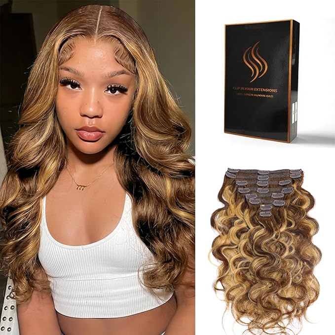 Clip in Hair Extensions Real Human Hair Body Wave #4/27 Chocolate Brown to Honey Blonde 100% Brazilian Remy Human Hair Extensions 8pcs Per Set with 18 Clips Double Weft 16 Inch 70g/3.6oz