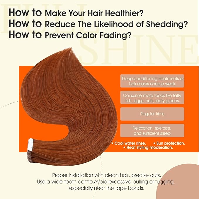 Full Shine Tape in Hair Extensions Human Hair Remy Tape ins Human Hair Extensions Color 550 Copper Invisible Skin Weft Long Silky Straight Extension 20Inch 50Gram 20Pcs Add Volume
