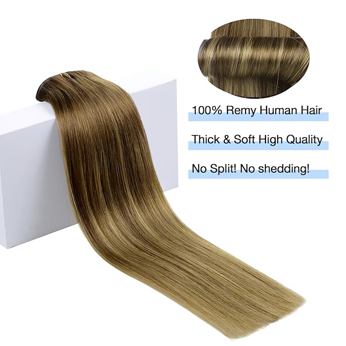 DOORES Hair Extensions Clip in Human Hair, Medium Brown Highlighted Dirty Blonde 14 Inch 7pcs 100g, Real Extensions Clip in Remy Straight Balayage Natural Thick Weft