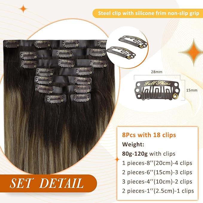 Full Shine Human Clip in Hair Extensions Ombre Seamless Clip ins Dark Brown Balayage Medium Brown Mix Honey Blonde Black Hair Extensions 16 Inch 120 G 8 PCS