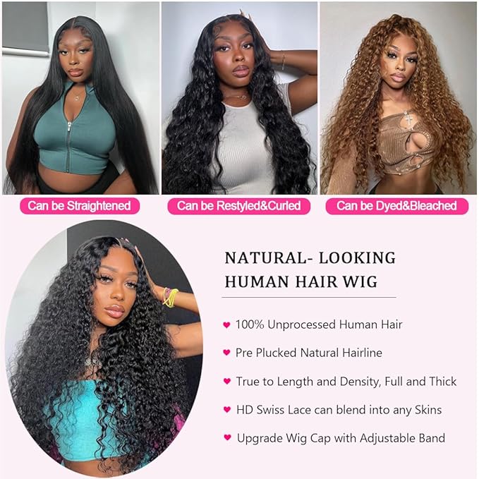 22 Inch 13×6 HD Lace Front Wigs Human Hair Water Wave 200 Density Lace Frontal Wigs Pre Plucked Deep Curly Human Hair Wig for Women Natural Black