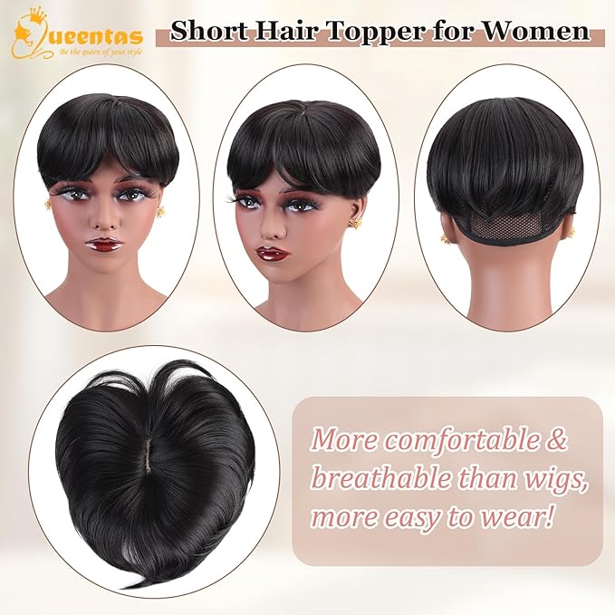 QUEENTAS Black Short Hair Toppers for Women with Thinning Hair 360°3D Cover with 5 Clips Hair Pieces Wispy Bangs 6"*6" Large Coverage Men's Toupee(Black/1B)