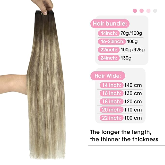 YoungSee Sew in Hair Extensions Real Human Hair Ombre Human Hair Weft Extensions Walnut Brown to Light Brown with Blonde Hair Extension Sew in for Women 24inch 100g