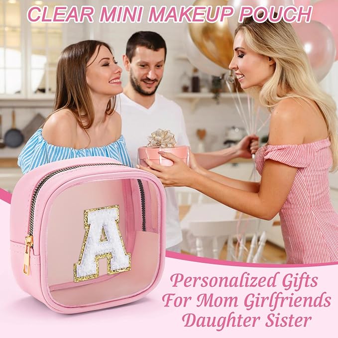 YOOLIFE Mini Initial Makeup Bag | Clear Makeup Bag | Preppy Cosmetic Bags Travel Essentials Gifts for Women Teen Girlfriend Teacher Birthday Clear Toiletry Bag Small Cosmetic Bag for Purse Pink J