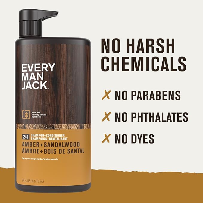 Every Man Jack 2-in-1 Daily Shampoo + Conditioner - Amber + Sandalwood | Nourishing For All Hair Types, Naturally Derived, Cruelty-Free Shampoo and Conditioner Set for Men | 24oz -1 Bottle