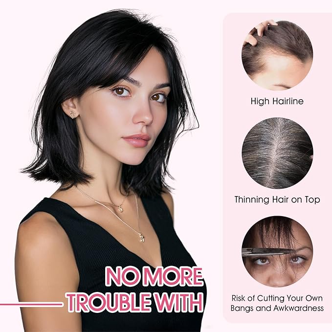 Hairro Human Hair Toppers with Side Bangs, 3D 360° Seamless Real Hair Toppers, Hand-Tied with 3.5"x4.7" T-shaped Base, Clip-In Hairpieces to Add Volume on Top, 11 Inch Dark Brown