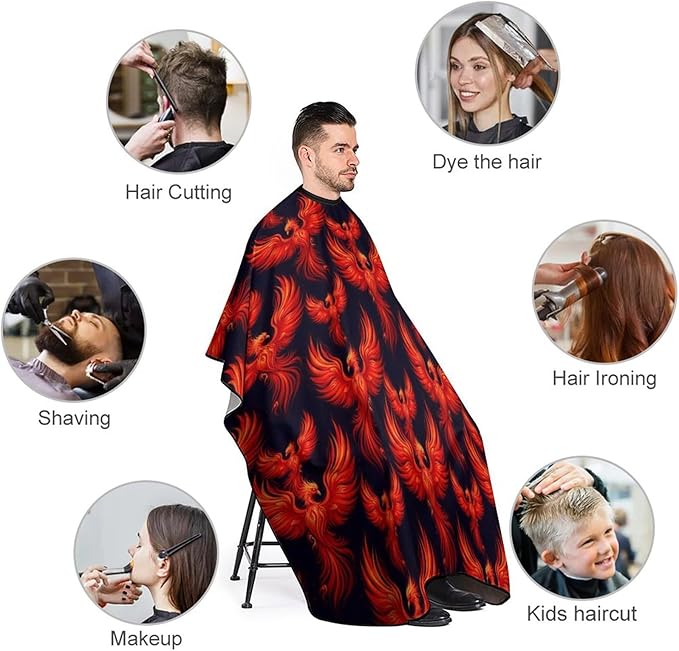 Women Red Fire Flame Bird Black Hair Salon Cutting Cape, Large Long Hairdressing Apron for Home Stylists, Haircut Tools