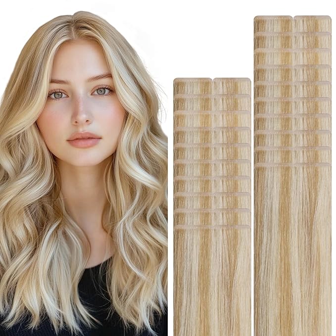 VINBAO Invisi Edge Tape in Hair Extensions Human Hair, 18in 50g 20pcs Caramel Blonde Highlights Platinum Blonde, Invisible Injected Tape Ins Luxury Remy Hair 18inch #27P60