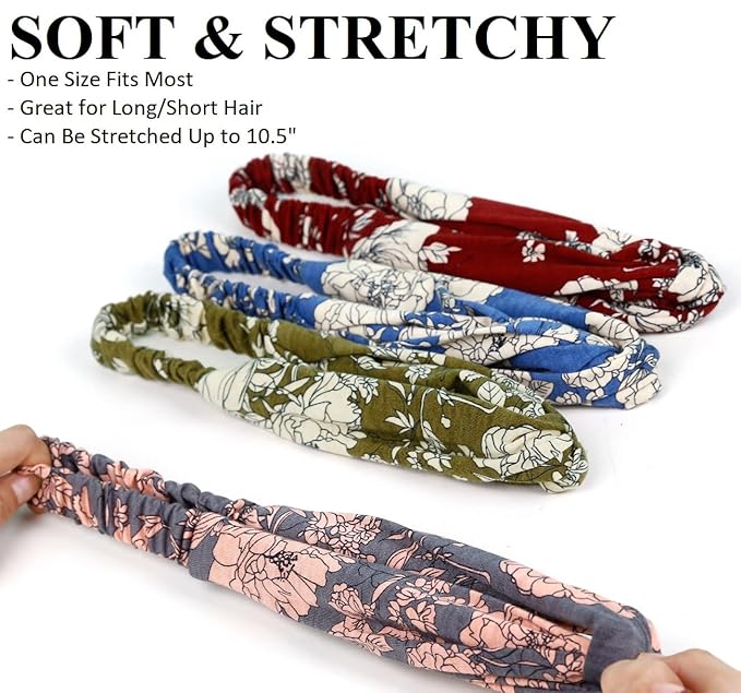 Huachi Boho Headbands for Women Twist Head Band Soft Elastic Hair Bands for Teen Girls Head Wrap Fashion Accessories, Floral Print Plus Solid Colors