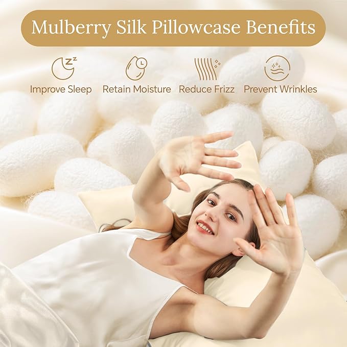 INFIIXSO Mulberry Silk Pillowcase for Hair and Skin, Silk Pillow Cases Queen Size with Hidden Zipper 20x30 Inches, Extraordinary Smooth and Soft Cooling Pillow Cases for Hot Sleepers(Ivory, 1 Pack)