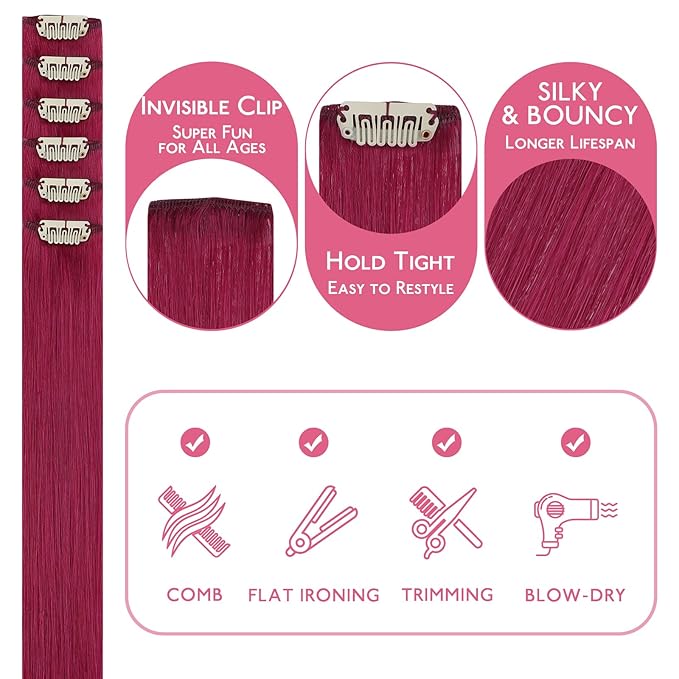 WENNALIFE Burgundy Red Clip in Hair Extensions Real Human Hair 35g 6pcs 24 Inch Colored Hair Extensions for Kids Women Colorful Hair Pieces Pop-up Style Straight Extensiones De Cabello Humano Con Clip