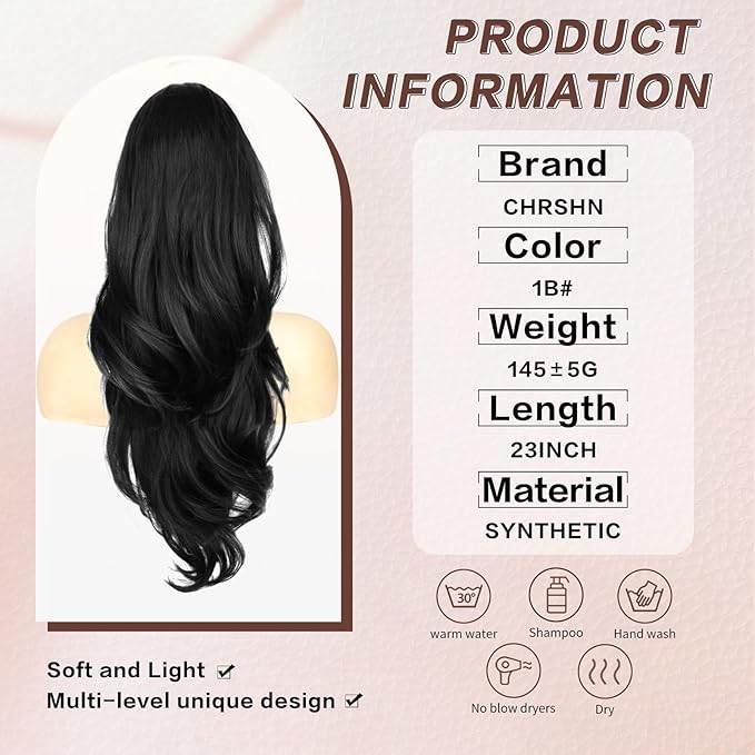 Ponytail Extension, Drawstring Ponytail Extension for Women Long Black Wavy Pony Tails Hair Extensions Synthetic Clip in Ponytail Hairpiece for Women (23 Inch)