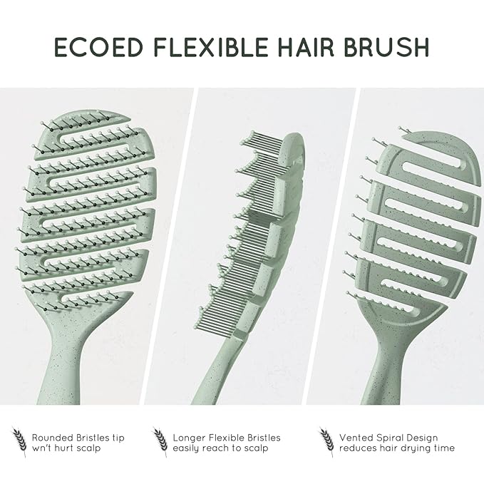 Detangler Hairbrush, Soft Bristle Detangling Brush for Straight, Wavy, Curly and Fine Hair, Dry and Wet, Quick Smoothing for Women and Men, Eco-Friendly & Sustainable Material (Green)