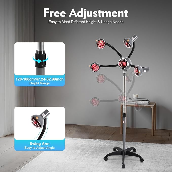 5-Head Salon Hair Steamer - 750W Infrared Heat Lamp, Standing Infrared Heater, Adjustable 47-63" Height for Perm & Hair Care (Black)