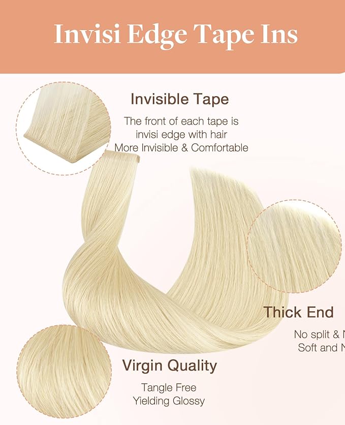 GOO GOO Invisi Edge Tape in Hair Extensions Human Hair, 613R Bleach Blonde, 20pcs 24inch 50g, Virgin Remy Hair, Seamless Injected Tape, Natural Look