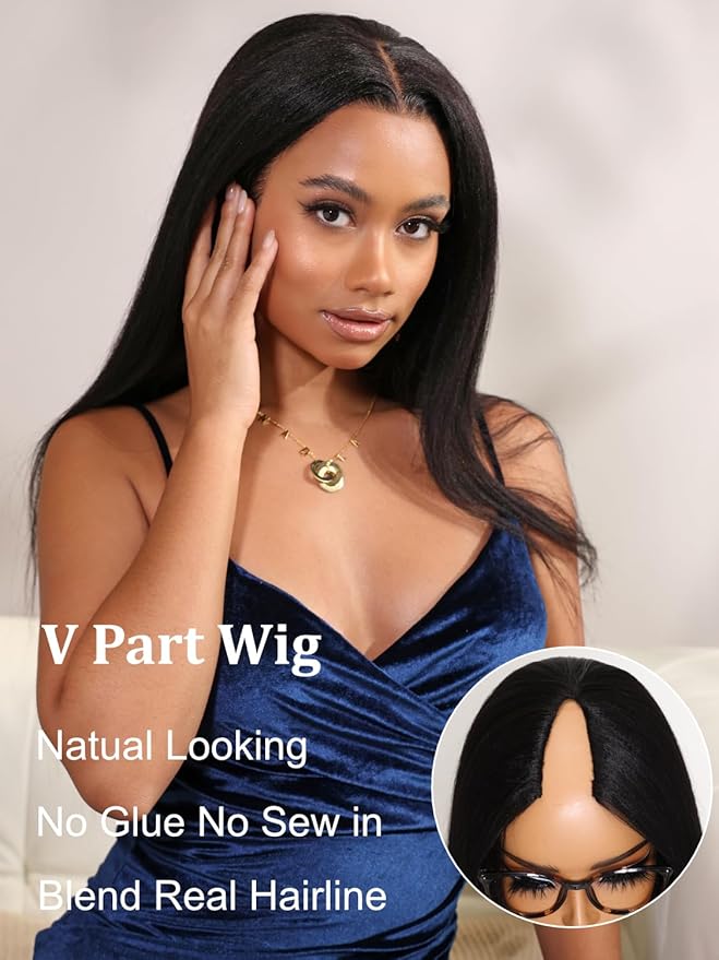 YIROO V Part Wig Yaki Straight Human Hair Wigs for Black Women Upgrade Upart Wig No Leave Out 12A Glueless Kinky Straight V Shape Clip in Half Wig No Glue No Sew Beginner Friendly 180% Density 22 Inch