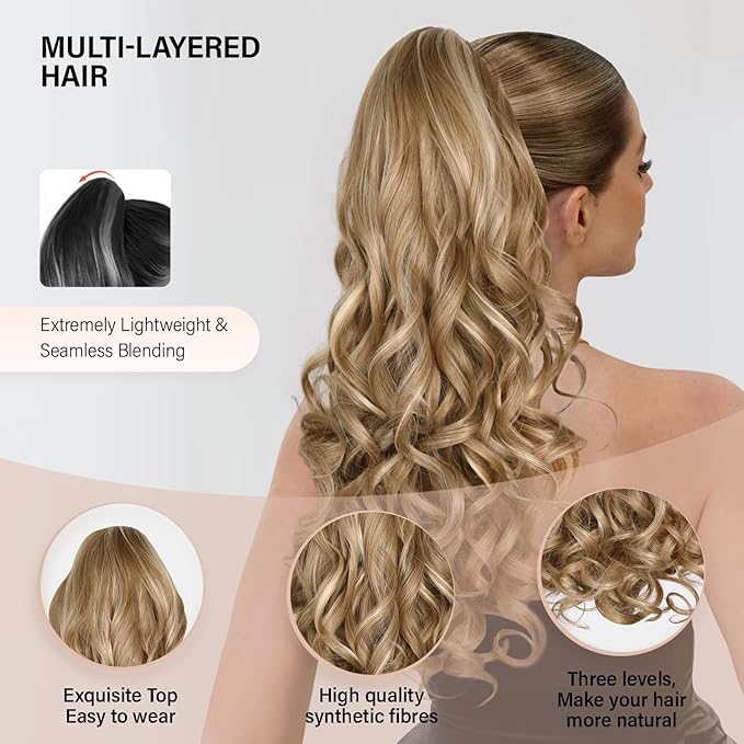 24 Inch Blonde Ponytail Extension, Clip on Ponytails for Women, Long Curly Ponytail Extensions for Women, Synthetic Layered Pony Tails Hair Extensions (Color: Dark Blonde With Beige Blonde Highlights)