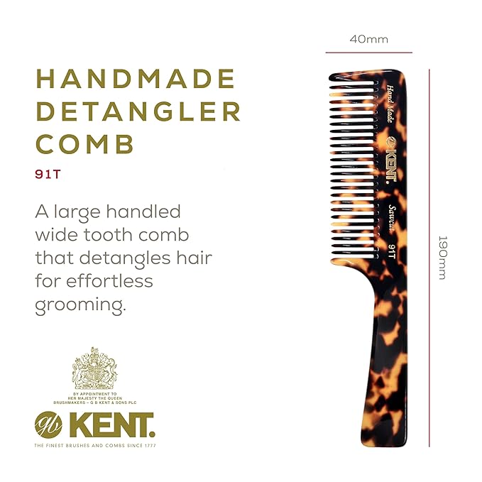 Kent 91T TY Wide Tooth Detangler Hair Comb for Women and Men -for Curly and Wavy Hair -Wet Hair Comb, Large Handle Wide Tooth Shower Comb for Effective Detangling,Saw-Cut Hand Polished made in England