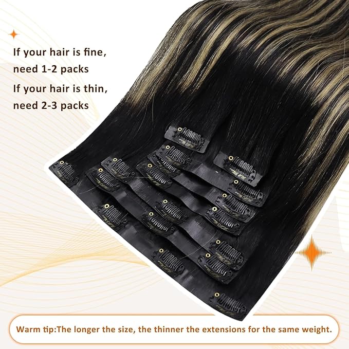 Full Shine Hair Clip in Extensions 14 Inch Seamless Clip in Hair Extensions Black Ombre Honey Blonde With Black Seamless Human Hair Clip ins Extension Skin Weft 8 Pcs 120 G
