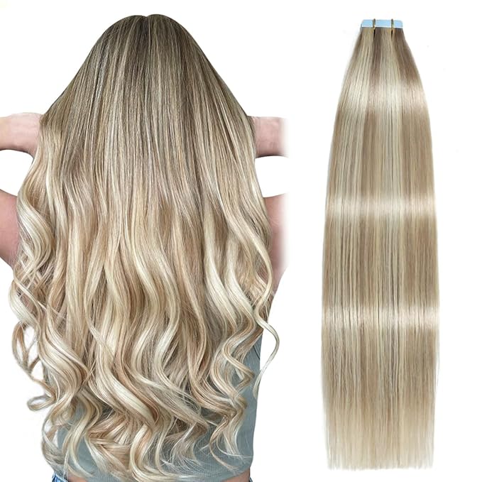 SUYYA Tape in Hair Extensions Human Hair Ash Blonde Highlighted Bleach Blonde 20 Inch 50g/pack 20pcs Straight Seamless Skin Weft Tape in Real Human Hair Extensions(20inch #P18/613)