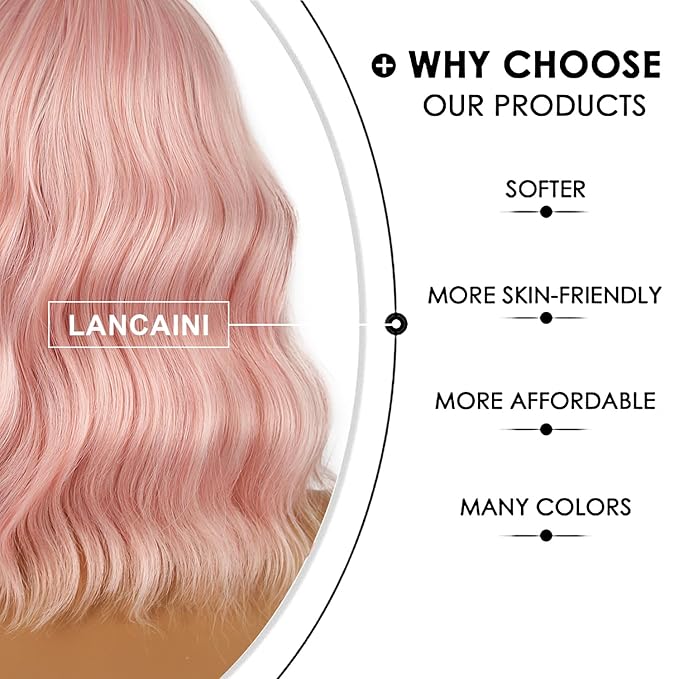 Short Bob Wigs with Bangs for Women Loose Wavy Wig Curly Wavy Shoulder Length Bob Synthetic Cosplay Wig for Girl Colorful Costume Wigs (Peach Fuzz)