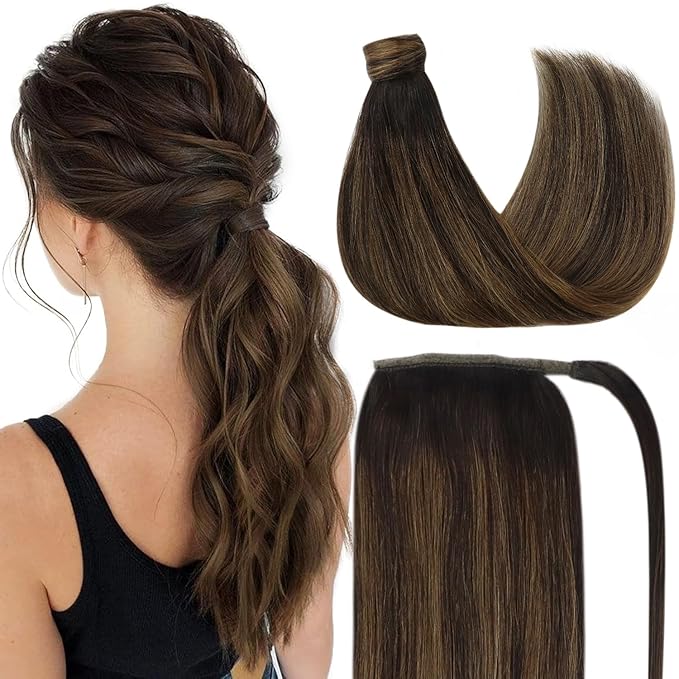 Ve Sunny Hair Extensions Ponytail Real Human Hair Wrap Around Clip in Ponytail Hair Extensions Straight Extensions Human Hair for Women Dark Brown Dark Brown Balayage Chestnut Brown 22inch 80G