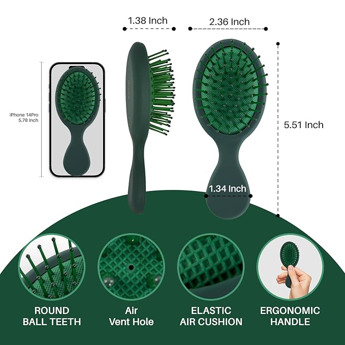 RHOS Mini Hair Brush for Women,Men and Kids-Travel Size Hair Brush for Purse,Pocket,backpack-Small Cushion Paddle Brush with Soft Bristles-Mini Detangler Brush for All Hair Types(1 Pack-Green)