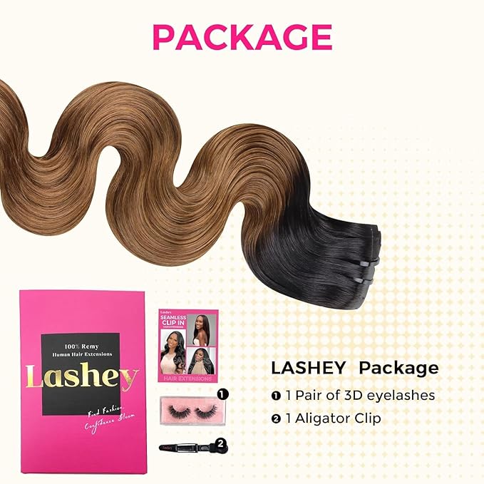 Lashey Seamless Clip in Hair Extensions Human Hair 18 Inch 110g 7pcs Body Wave Ombre Natural Black to Medium Auburn PU Clip in Hair Extensions for Women