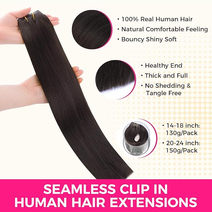 Lashey Seamless Clip in Hair Extensions Human Hair 150g 9pcs #2 Dark Brown Straight 22 Inch Hair Extensions Clip ins with PU Soft Invisi Edge