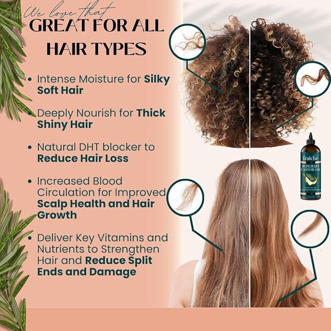 Live Fraiche Rosemary Castor Oil for Hair Growth 16oz - Rosemary Oil for Hair Growth and Thickening Pure Blend to Reduce Loss and Promote a Healthy Scalp