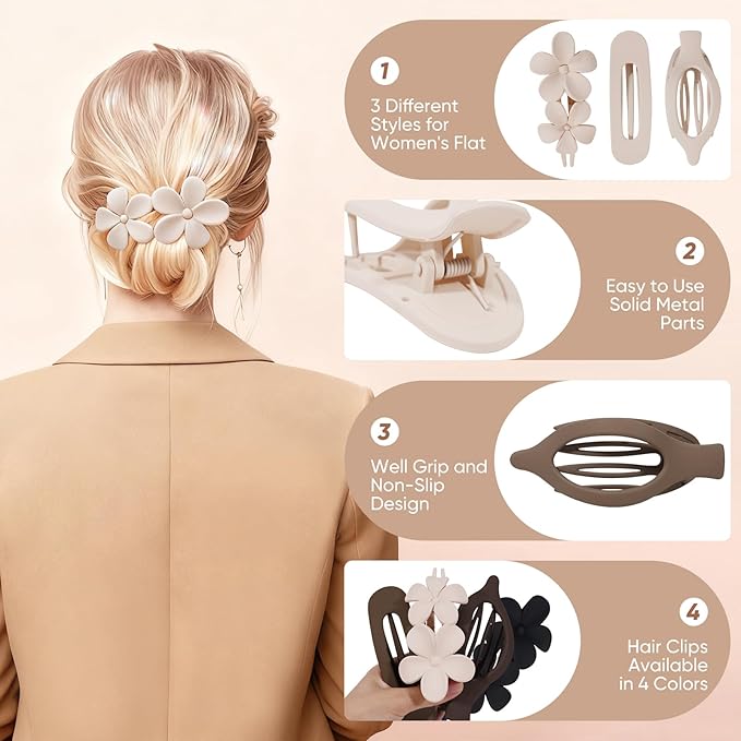 10 Pcs French Flat Hair Clips for Women, 3 Styles Flat Claw Clips for Thin Thick Hair, Strong Hold Hair Accessories