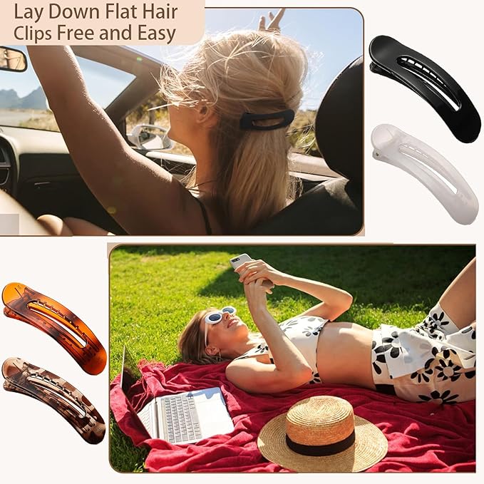 4 PCS Flat Claw Clips, Large Lay Flat Hair Clips for Women Girls, Strong Hold Non-slip Hair Claws for Thick Thin Hair (Tortoise)