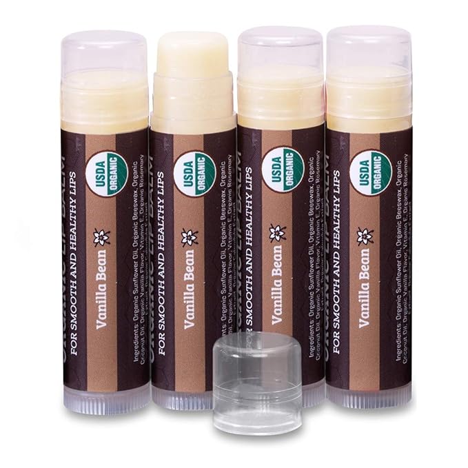 USDA Organic Lip Balm 4-Pack by Earth's Daughter - Vanilla Flavor, Beeswax, Coconut Oil, Vitamin E - Best Lip Repair Chapstick for Dry Cracked Lips.